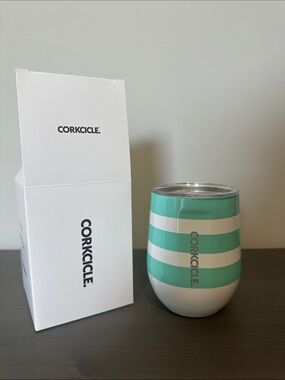 Corkcicle Turquoise and White Striped Stemless Tumbler